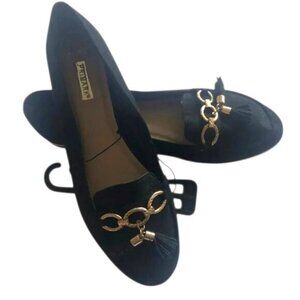 PRIMARK. Flat shoes with Gold buckle. Black suede look. US 10M.